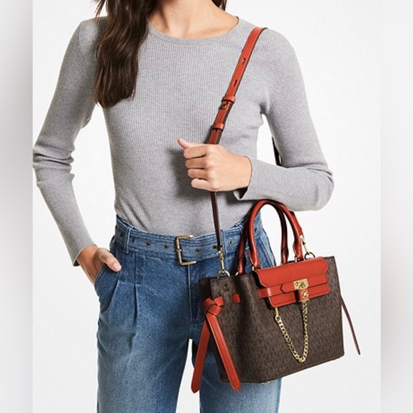 MICHAEL MICHAEL KORS Hamilton Legacy Small Logo Belted Satchel-Color:DEEP ORANGE - Picture 1 of 14